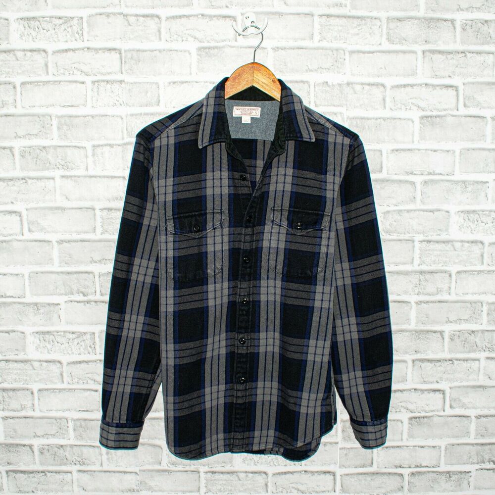 Wallace & Barnes Flannel Shirt Gray Blue Plaid Button up SMALL